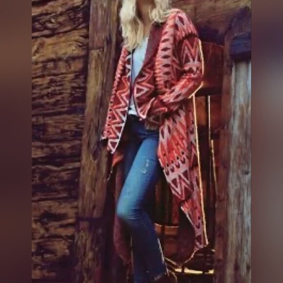 Anthropologie Sleeping On Snow Red Wool Long Open Front Waterfall Cardigan S - Picture 2 of 10